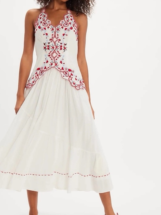 Free People Dresses & Skirts - NWT retails 249, Free People White Midi Dress with Red Embroidered Bodice